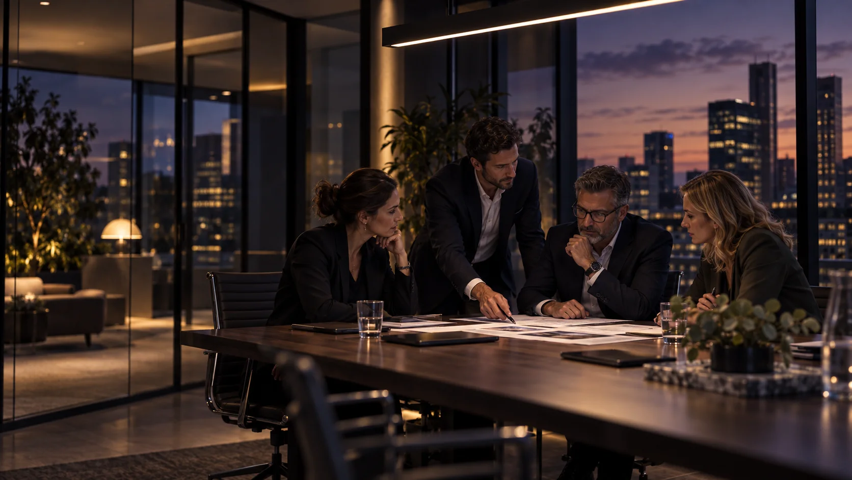 Four professionals reviewing documents around a boardroom table at dusk with a city skyline behind