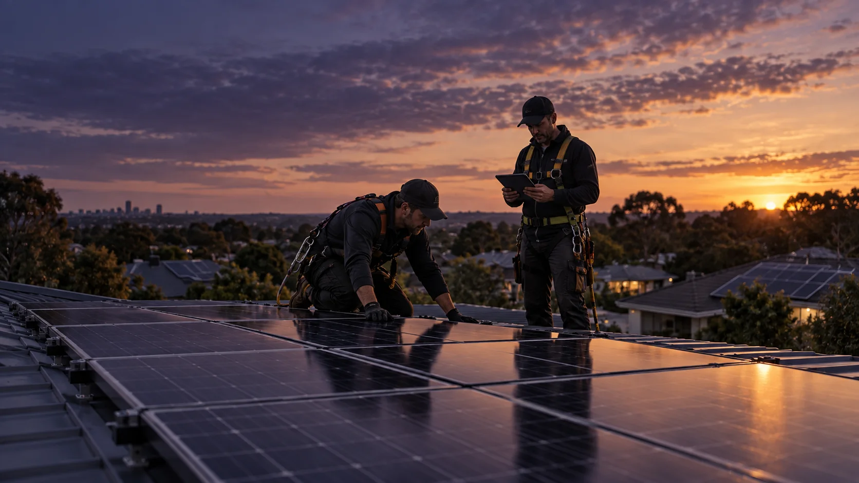 Two installers in harnesses fitting solar panels on a suburban roof at sunset, one checking a tablet