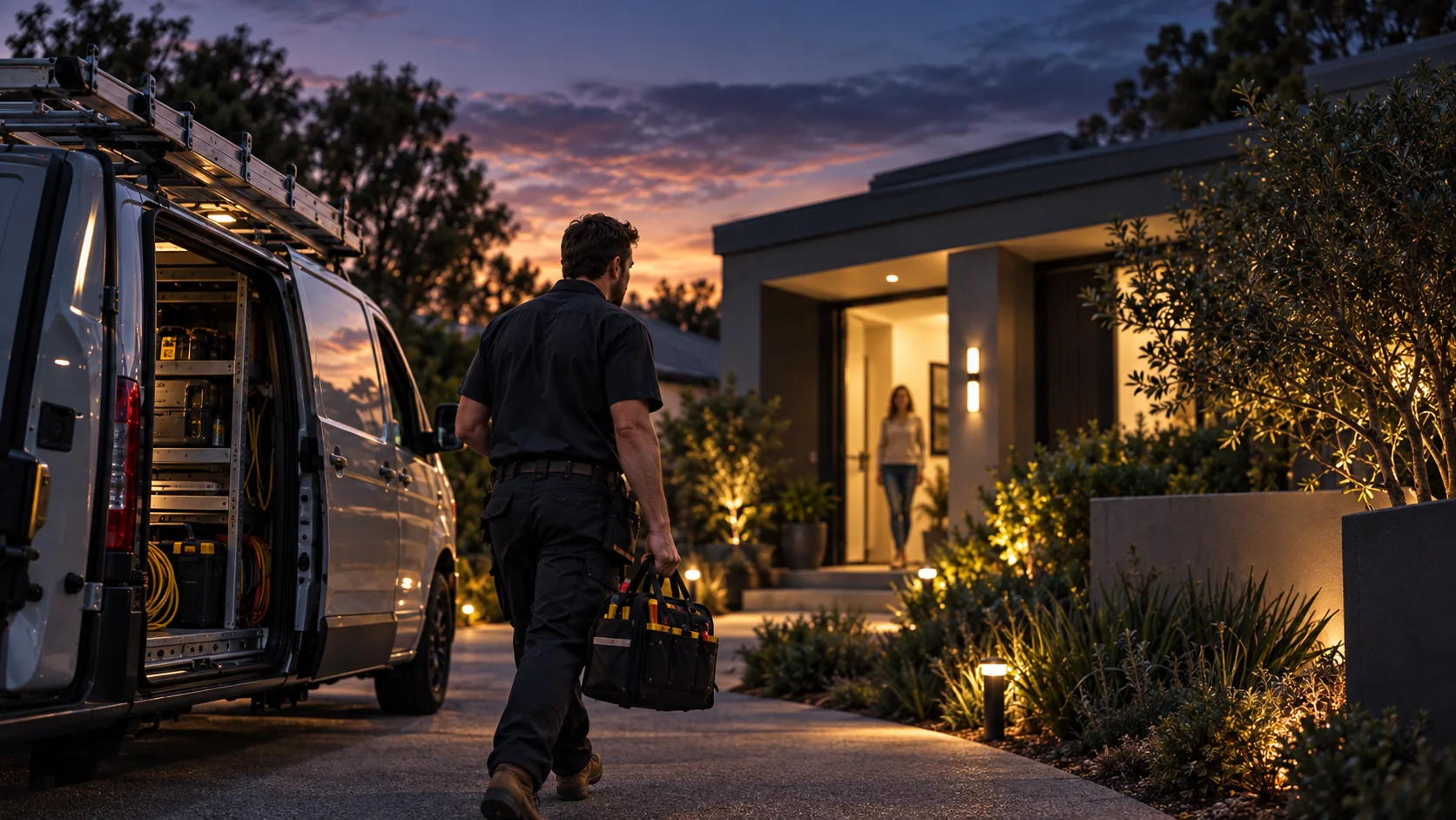 Tradesperson carrying a tool bag from an open van towards a lit house entrance at dusk, where the homeowner waits at the door