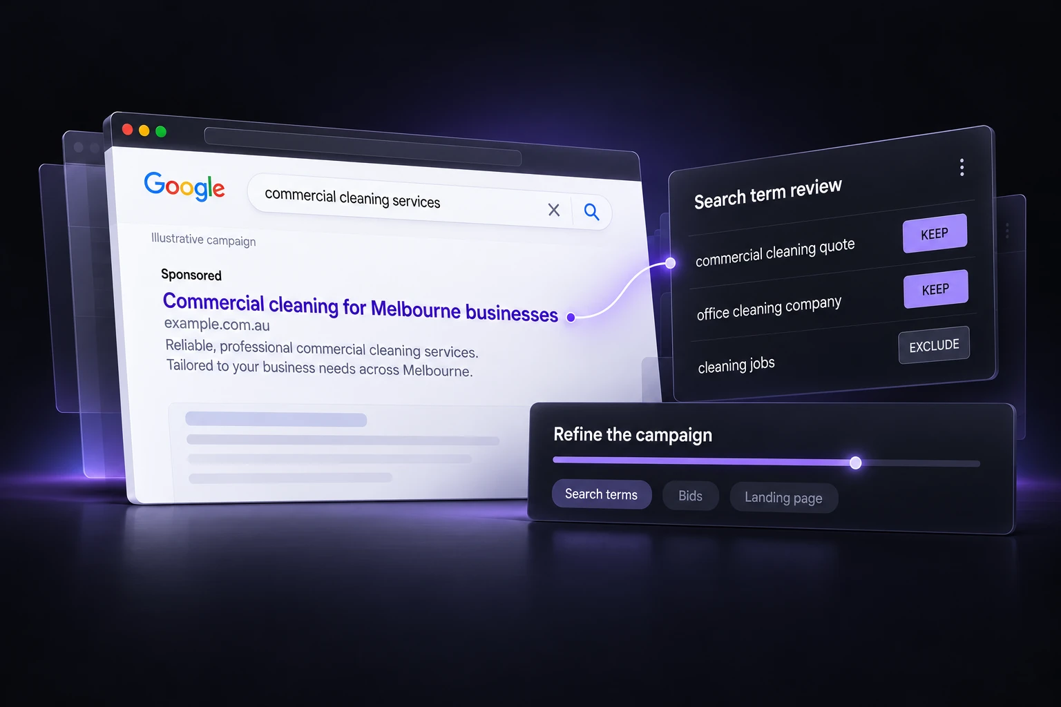 Illustrative Google Ads campaign optimisation workspace showing search ads and search term reviews.