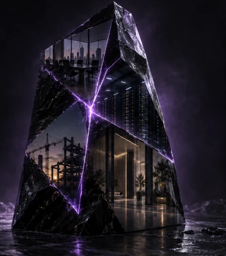 Black crystal monolith on a wet obsidian floor, its purple-lit facets reflecting a boardroom, a server room, a construction site and a lobby