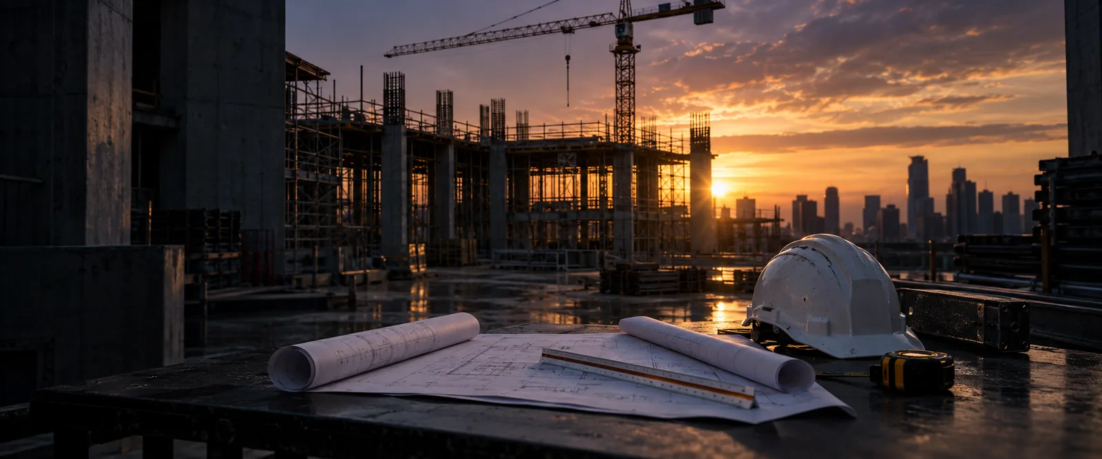 Rolled plans, a hard hat and a tape measure on a site table with a crane and concrete frames at sunset
