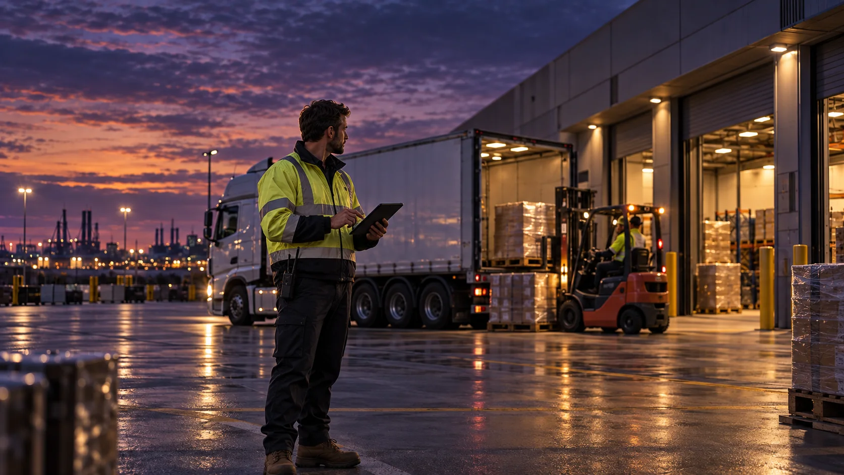 Logistics worker in a high-visibility vest checking a tablet on a wet depot yard at dusk, with a truck at the loading dock and a forklift moving pallets