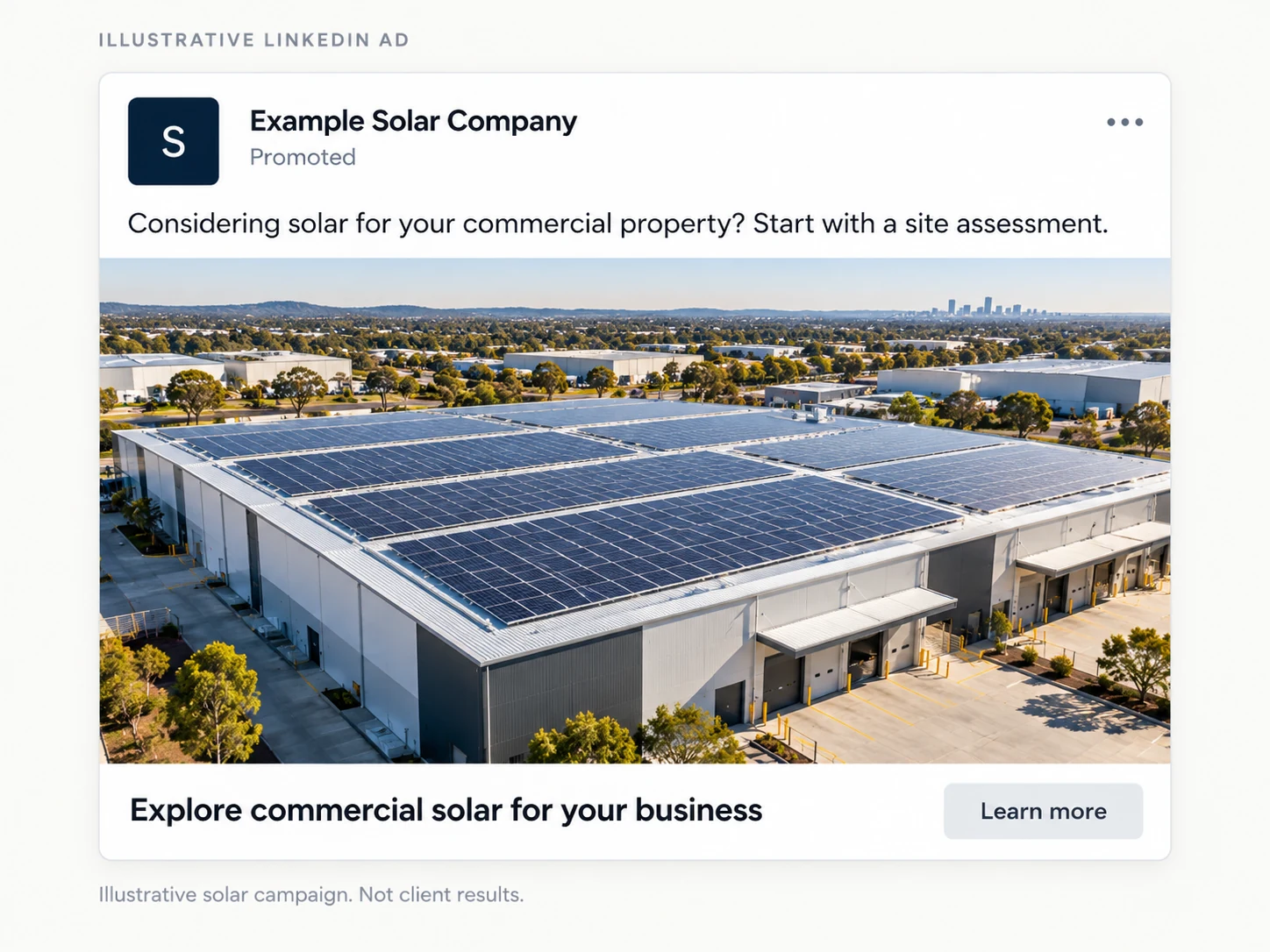 Illustrative LinkedIn ad for a commercial solar company, featuring rooftop solar panels on an industrial building.